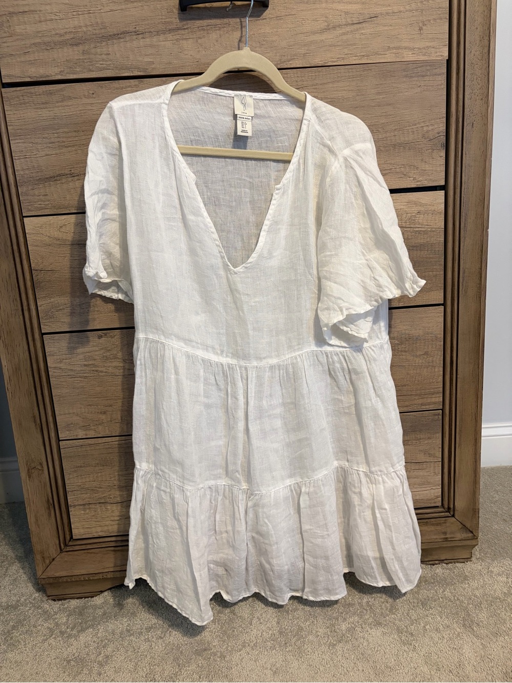Joie White 100% Linen V-Neck Tiered Mini Dress